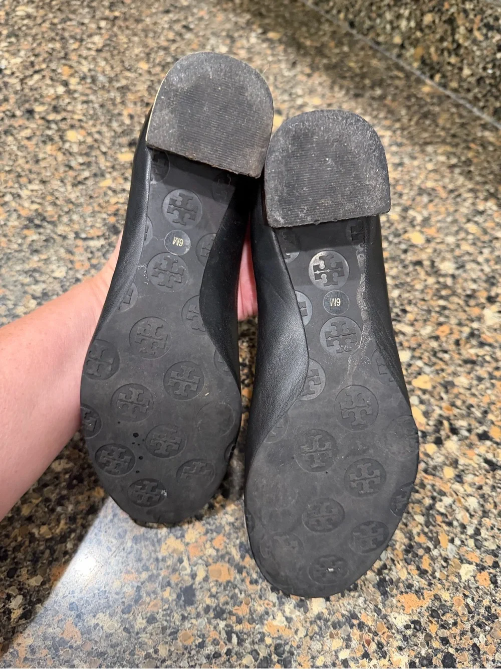 Tory Burch Black Leather Block Heel Ballet Pump with Gold Logo 6